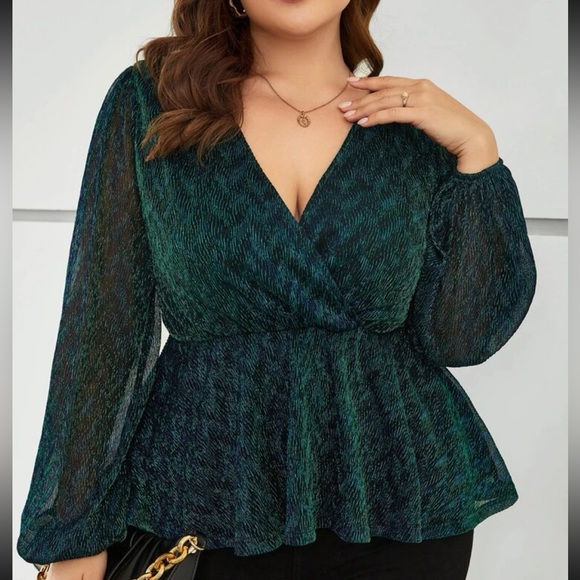 Classic Plus Size Deep V neck Long Sleeve Glitter Peplum Top Blouse Shirt - Picture 2 of 6
